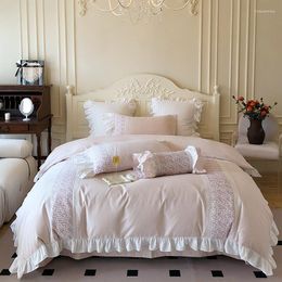 Bedding Sets 600TC Egyptian Cotton Autumn Winter Brushed Pink Princess Set White Ruffles Embroidery Duvet Cover Bed Sheet Pillowcases