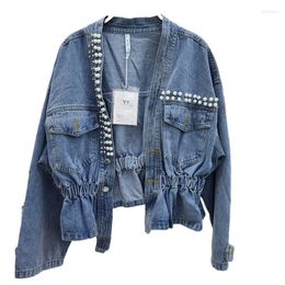 Women's Jackets Women Sweet Pearls Denim Crop Jacket Womens Plus Size Coats Streetwear Pleated Slim Loose Cropped Jean Clotes Korean