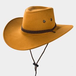 Wide Brim Hats Bucket Western Cowboy Suede Outdoor Tourism Fishing Sun Cap Sunscreen With Wind Rope Men And Women Horseback Riding 230214