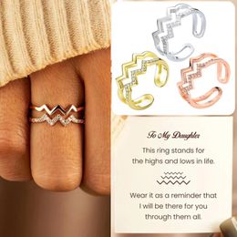New in Cubic Zirconia Double Heartbeat Wave Ring Open Cuff Adjustable Bling Hollow Finger Rings Aesthetic Copper Jewelry Gifts for Girls Daughter Women Wholesale