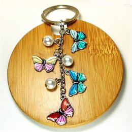 Keychains Pearl Enamel Butterfly Keychain For Women Silver Plated Zinc Alloy Key Rings Car Bag Holder Jewelry Accessories