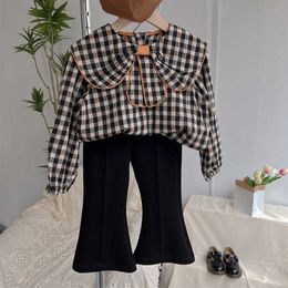 Clothing Sweet New Girls Sets Cotton Bow Plaid Shirts Long Sleeve Shirt Pants Outfits Turndown Collar Baby Toddler Tops pcs Suit
