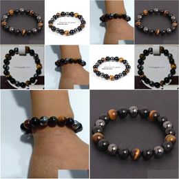 Beaded Men Bracelets Natural Stone For Women 10Mm Beads Black Obsidian Tiger Eye And Hematite Bracelet Drop Delivery Jewellery Dhgarden Dhc4J