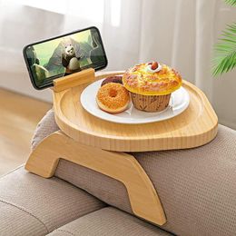 Plates Bamboo Sofa Tray Table Clip Side Handrail With Rotating Mobile Phone Bracket