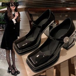 Dress Shoes Platform Hook Loops Women Thick High Heels Shallow Crystal Ladies Square Toe Pumps Female Fashion Black Solid Designer