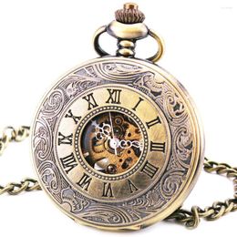 Pocket Watches TD Retro Bronze Couple Hand-wind Watch Roman Numerals Carved Lid Half Pendant Chain Fob Birthday Gifts BOX