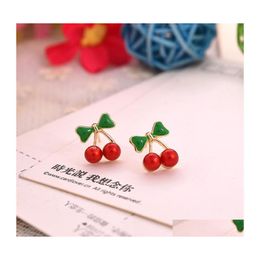 Stud Earrings Wholesale Promotion Plated Korean Red Cherry Crystal Rhinestone Leaf Drop Pretty Statement Delivery Jewellery Dhw5M