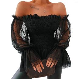 Women's Blouses Slash Neck Solid Colour Off Shoulder Polka Dot Blouse Mesh Sheer See Through Long Puff Sleeve Ruched Chiffon Tops