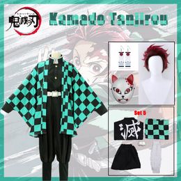 Theme Costume Demon Slayer Kamado Tanjirou Cosplay Costume Katana Sword Props Mask Anime Clothes Eardrop Uniform Set 230214