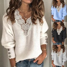 Women's Blouses Sweaters 2023 Women Autumn Winter Long Sleeve Lace Patchwork V Neck Buttons Knitted Sweater Top Jumpers Pullovers S-3xl