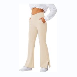 Yoga Outfit SALSPOR Cross Waist Yoga Pants Fitness Hem Slit Sports Flare Trousers Breathable Elastic Slim Workout Leggings Gym Clothing 230213