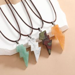 Fashion Lightning Shape Natural Stone Quartz Pendant Opal Crystal Necklace For Women Men Brown Leather Rope Chain Jewelry Gift