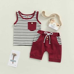 Clothing Sets Summer Toddler Baby Boys Clothes Outfit Suit Striped Print Sleeveless Vest Tops with Drawstring Casual Shorts Infant Set