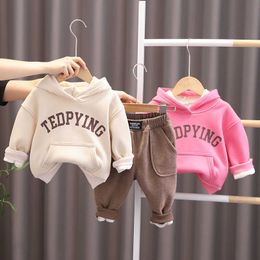 Sets LZH Winter Kids Clothes Girls Sportswear Casual Thicken Hooded Letters Suit Children's Clothing For Boy Long Sleeve Outfits