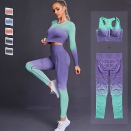 Yoga Outfits 235PCS Seamless Women Yoga Set Workout Sportswear Gym Clothing Fitness Long Sleeve Crop Top High Waist Leggings Sports Suits 230213