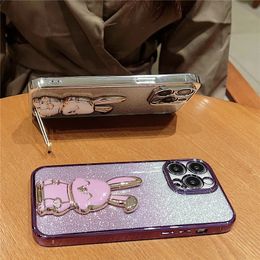 Cute Cartoon Rabbit Stand Holder Phone Case for iPhone 11 12 13 14 Pro Max X Xs Max Xr 7 8 14 Plus Luxury Glitter Plating Cover