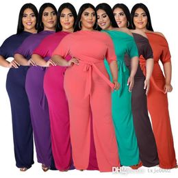 4XL Women Plus Size Jumpsuits Designer Solid Colour Strap Oblique Shoulder Flare Pants Bodysuit Fashion Loose Rompers Club Wear