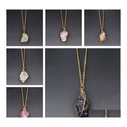 Pendant Necklaces Pretty Gold Chain Wire Natural Stone Necklace Women Jewellery Rose Quartz Healing Crystals Drop Delivery Pendants Dhful