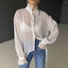 Women's Blouses Puloru Chic Bow Tie High Collar White Shirts See Through Petal Sleeve Button Up Tops Fall Spring Women Ladies Loose