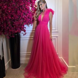 Rose Pink Evening Party Dress Sexy V-neck Sleeveless Long Tulle Women Prom Formal Gown A-line Robe de Soiree 2023 Vestidos De Noche