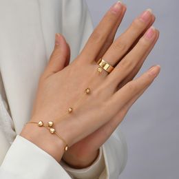 Simple Heart Pendant Chain Bracelet Link Connected Gold plated Wide Finger Ring Bracelets for Women Link Hand Harness Jewelry
