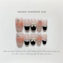 False Nails Medium Coffin Press On Nude Pink Artificial Full Cover With Bow Designs Glitter Decoration Nail Art Stick