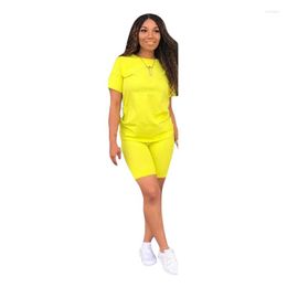 Women's Two Piece Pants Simple Style Women Sports Suit O-neck Short Sleeve Top And Skinny Shorts Set Casual Tracksuit Outfit