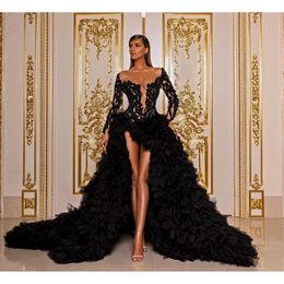 Party Dresses Black Luxury Elegant Evening Long Sleeves Sequins Appliques Ruffles HiLo Tulle Women Prom Pageant Gowns Custom Made 230214