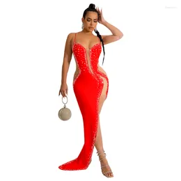Casual Dresses Mesh Patchwork Diamonds Maxi Party Dress Women Sexy Spaghetti Straps Backless Side Split Bodycon Evening Gown Long Robe