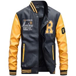 Men's Jackets Fleece Pilot Leather Jacket Hombre Embroidery Baseball Jackets Men Letter Stand Collar Pu Leather Hip Hop Coats Plus Size 4XL 230214