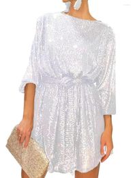 Casual Dresses Women's Sequin Party Dress Sparkle Long Sleeve Round Neck Short Cocktail With Belt