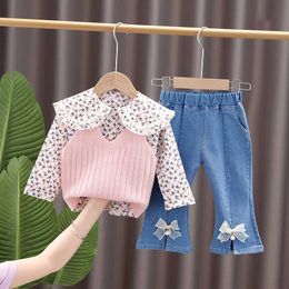 Sets Kids Girls Spring Autumn Outfits New Fashion Baby Floral Shirt And Knitted Vest Jeans Pcs Children's Korean Style Clothing Y