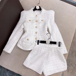 Women's Two Piece Pants HIGH STREET Designer Runway Suit Set Women's Gold Buttons Tweed Jacket Shorts Set 230214