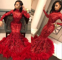 Vintage Red Long Sleeve Mermaid Prom Dresses High Neck Sequined Lace Appliques Feather Bottom Evening Party Gowns BM1530