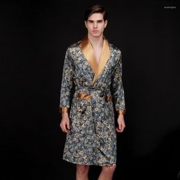 Men's Sleepwear Men's Summer Satin Pyjamas Mid-length Home Ice Silk Nightgown Long-sleeved Clothes Bath Robe Mens