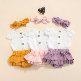 Clothing Sets Fashion Summer New Baby Girls PCS Clothes Set Solid Colour Cotton Linen Round Collar TopsHigh Waist ShortsHeaddress Kids Suit
