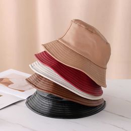 Wide Brim Hats Fashion Bucket Hat PU Leather Fishing Cap Soild Colour Foldable Hiking Hat HipHop Street Waterproof Cap for Women and Men R230214