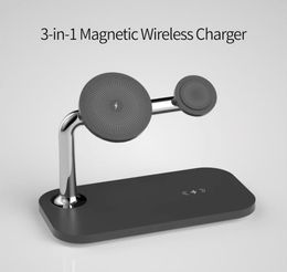 Станция беспроводного зарядного устройства 3-в-1 Qi-сертифицированная станция быстрого зарядки, совместимая с iPhone Airpods Apple Watch и Android Mobile Chone Magnetic Charger