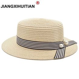 Wide Brim Hats 2018 New Lady Boater Sun Caps Ribbon Round Flat Top Straw Beach Hat Panama Summer for Women Snapback Gorras R230214