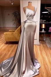 Party Dresses Elegant Silver Evening 2023 Stretchy Satin Beaded Mermaid Ruched One Shoulder Formal Prom Gowns Special Occasion 230214