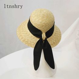 Wide Brim Hats New Straw Hat women'sSummer Hat For Women Large Wide Brim Sun Hat Ladies Fashion Big Black Bowknot Straw lady Bucket Beach Hat R230214