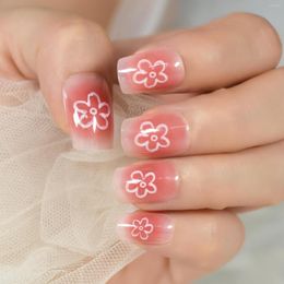 False Nails Ombre Pink Clear Square Shape Press On White Sunflower Decorative Faux Ongles 24
