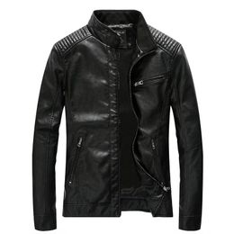 Men's Fur & Faux Mens Locomotive PU Leather Jacket Men Large Size Coat Solid Color Stand Collar Plus Velvet Lining Biker