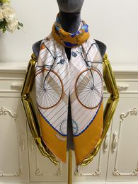 women's square scarf scarves shawl 100% twill silk material yellow Colour pint letter bike pattern size 130cm - 130cm