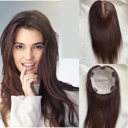 Synthetic s Human Hair Piece to Silk Base Women Topper Dark Brown Natural Black Preplucked Remy Straight 16inch Full silk base toupee 230214