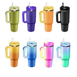 New 40oz stainless steel tumbler with handle lid straw rough glitter UV gradient colors big capacity water bottle outdoor camping cup vacuum insulated travel mugs