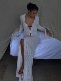Casual Dresses alinemyer Summer Beach Holiday Knitted Maxi Dress Outfits for Women Party Club Long Sleeve See Through Hollow Out 230214