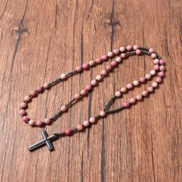 Pendant Necklaces Natural Rhodonite Mala Beads Cross Catholic Christ Rosary Hematite Necklace For Women Men