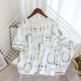 Women's Sleepwear White Colour Ladies Knitted Cotton Shorts Pyjamas Sets For Women Summer Thin Short-Sleeved Suit Cartoon Printed Ladies'