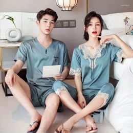 Women's Sleepwear Summer Short Sleeve Pajamas Suit Couple 2PCS Sleep Set Sexy Lace Pyjamas Intimate Lingerie Casual Black Homewear